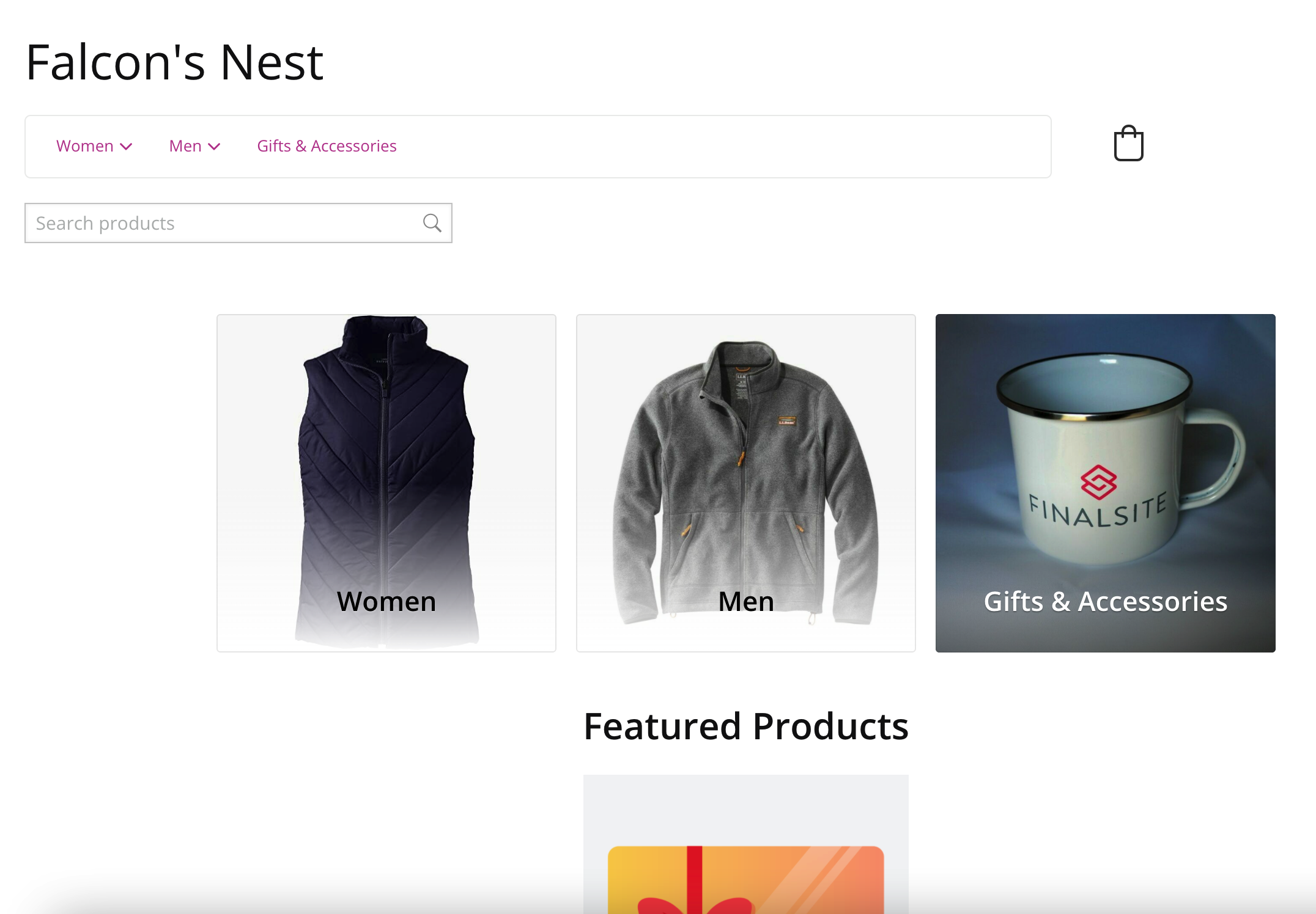 Sample store homepage showing multiple categories with images of Finalsite-branded products