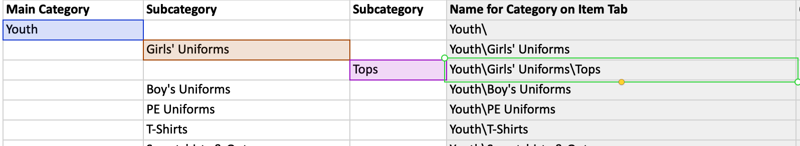 Close-up of four category columns in datasheet with youth, girls' unifroms, and tops highlighted in first three columns