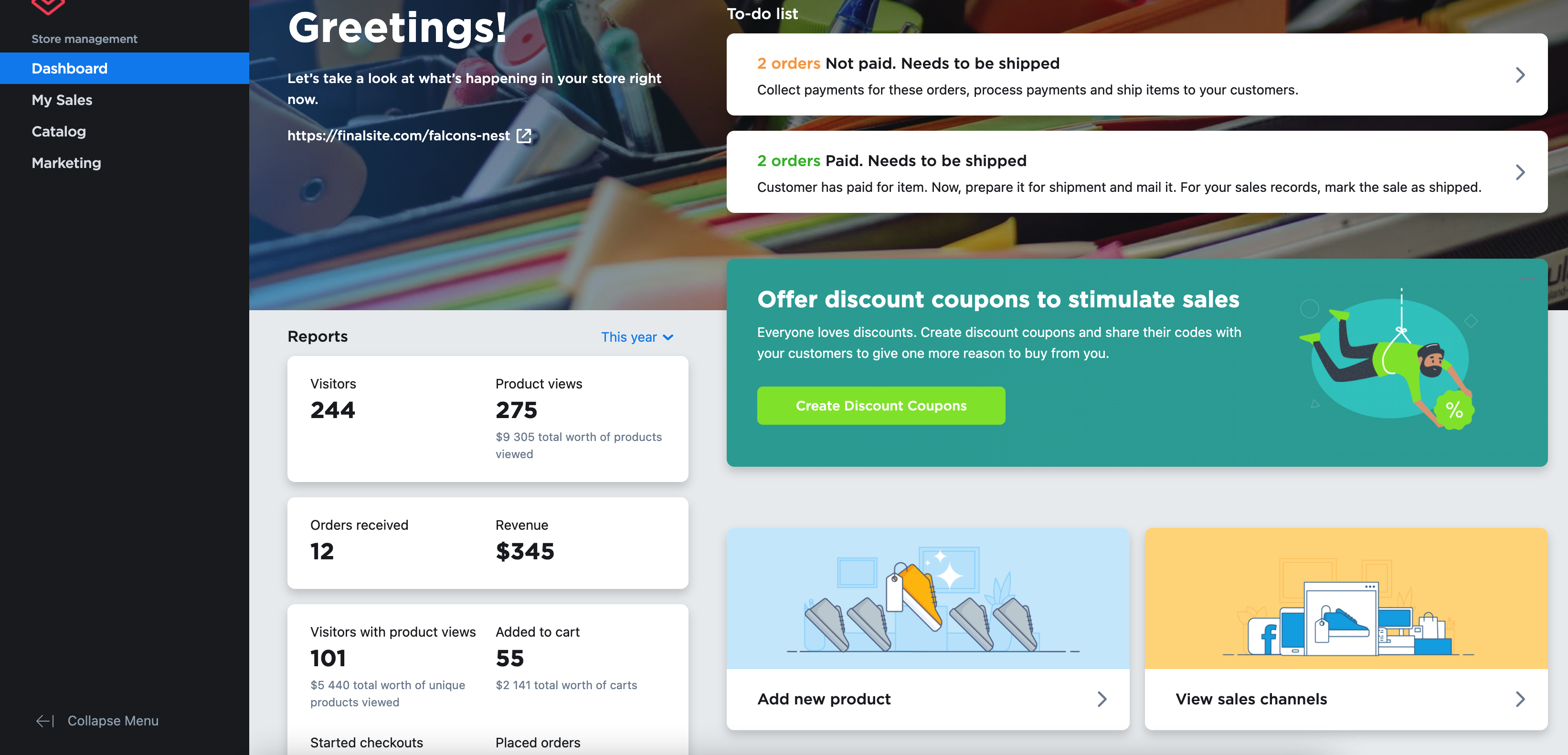 Sample store dashboard showing Greetings headline, multiple boxes and left-hand navigation menu