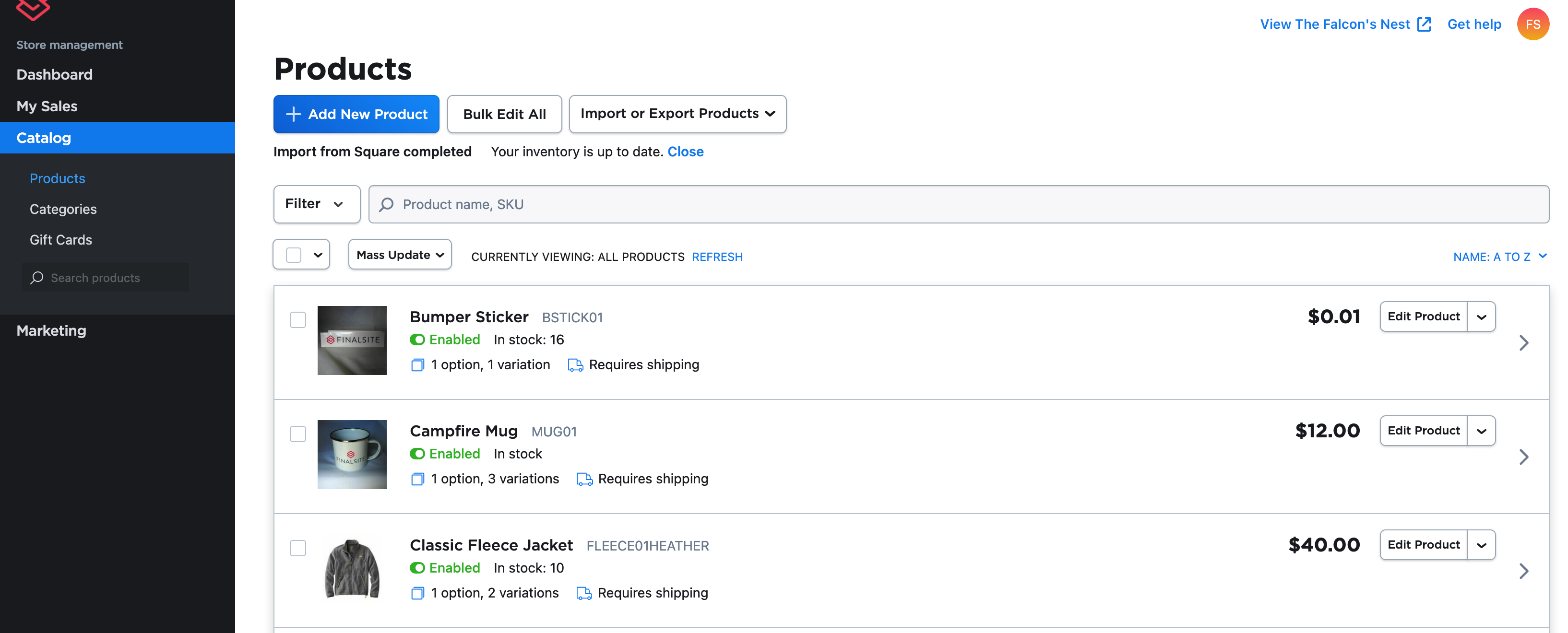 Sample store Products page showing three product rows and Add New Product button