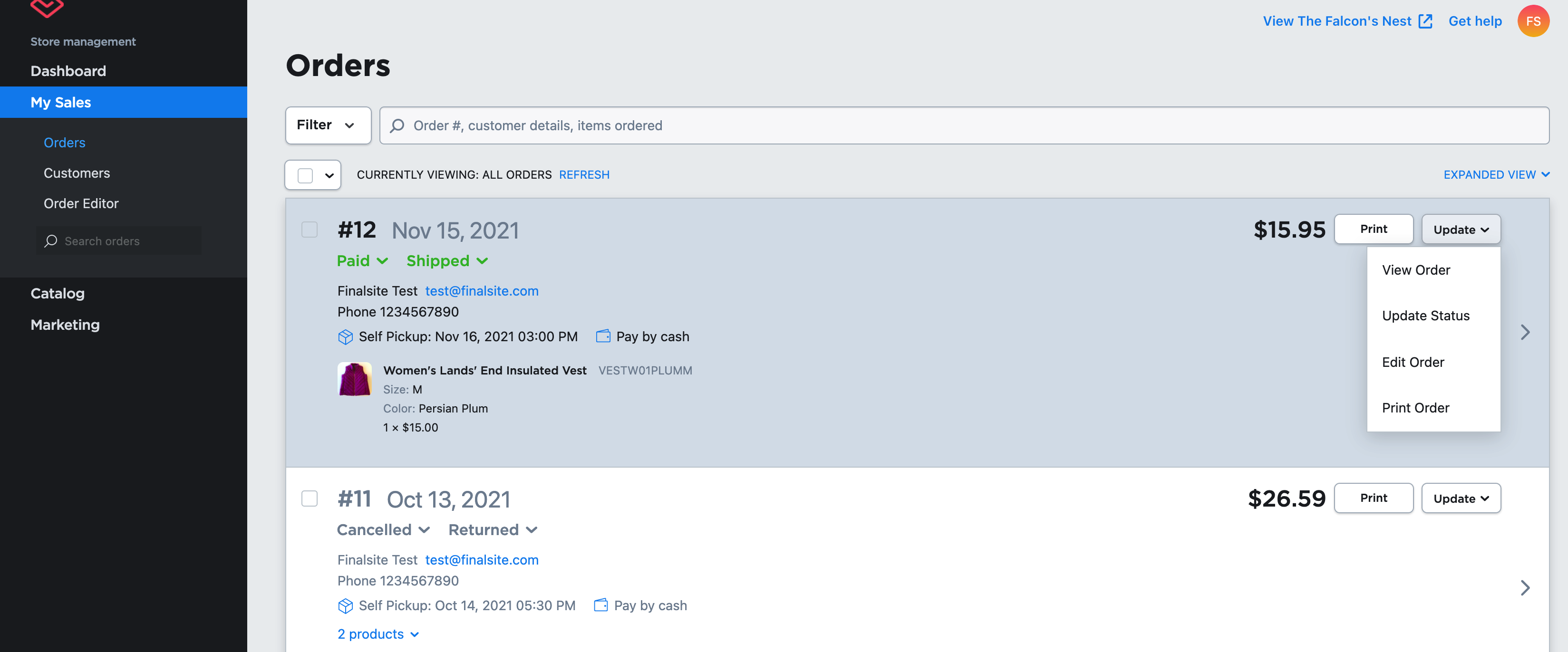 Sample store Orders page showing one completed and one canceled order