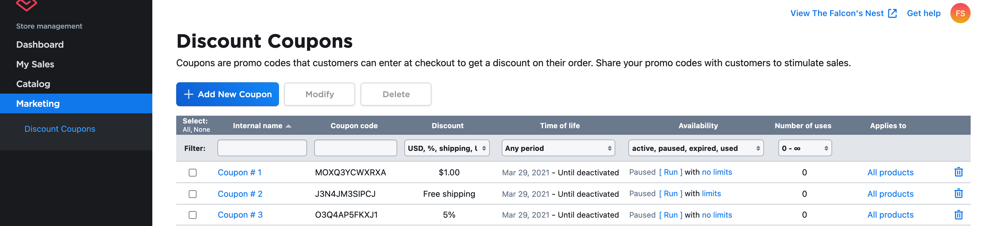 Sample store Discount Coupons page showing info for three coupons and Add New Coupon button