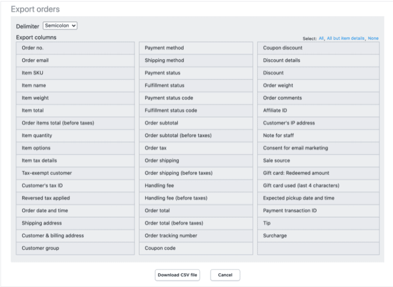Export orders dialog showing list of columns available to export