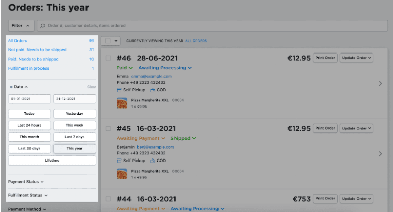 Orders: This year page with available filters highlighted