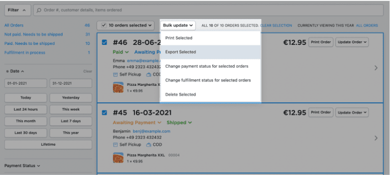 Filtered sales view with Mass Update menu and Export Selected highlighted