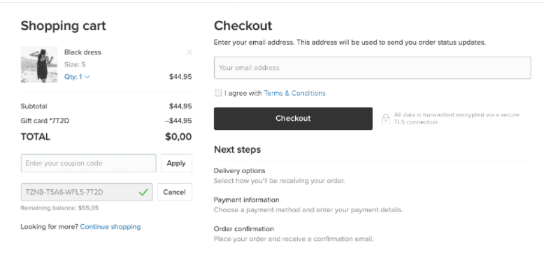 Shopping cart with gift card applied and remaining balance shown