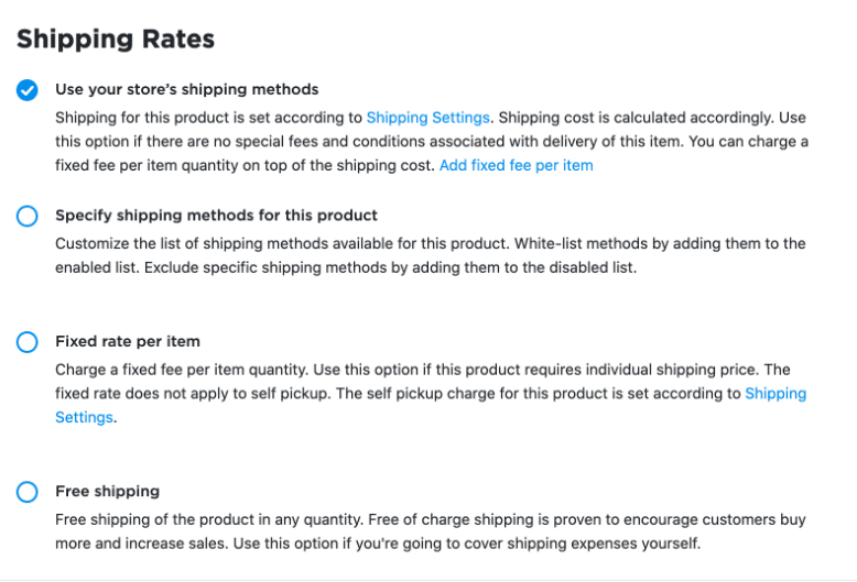 Shipping Rates details showing four available options