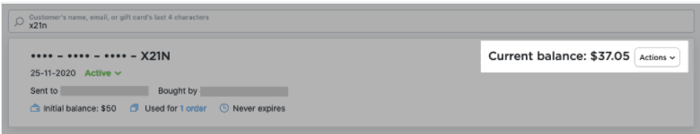 Search results view with Gift card balance highlighted