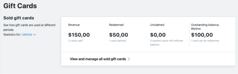 Gift cards page Sold gift cards detail