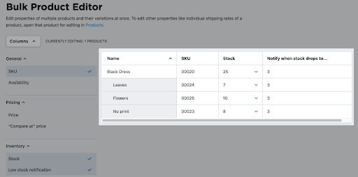 Bulk Product Editor tool with options to update stock highlighted