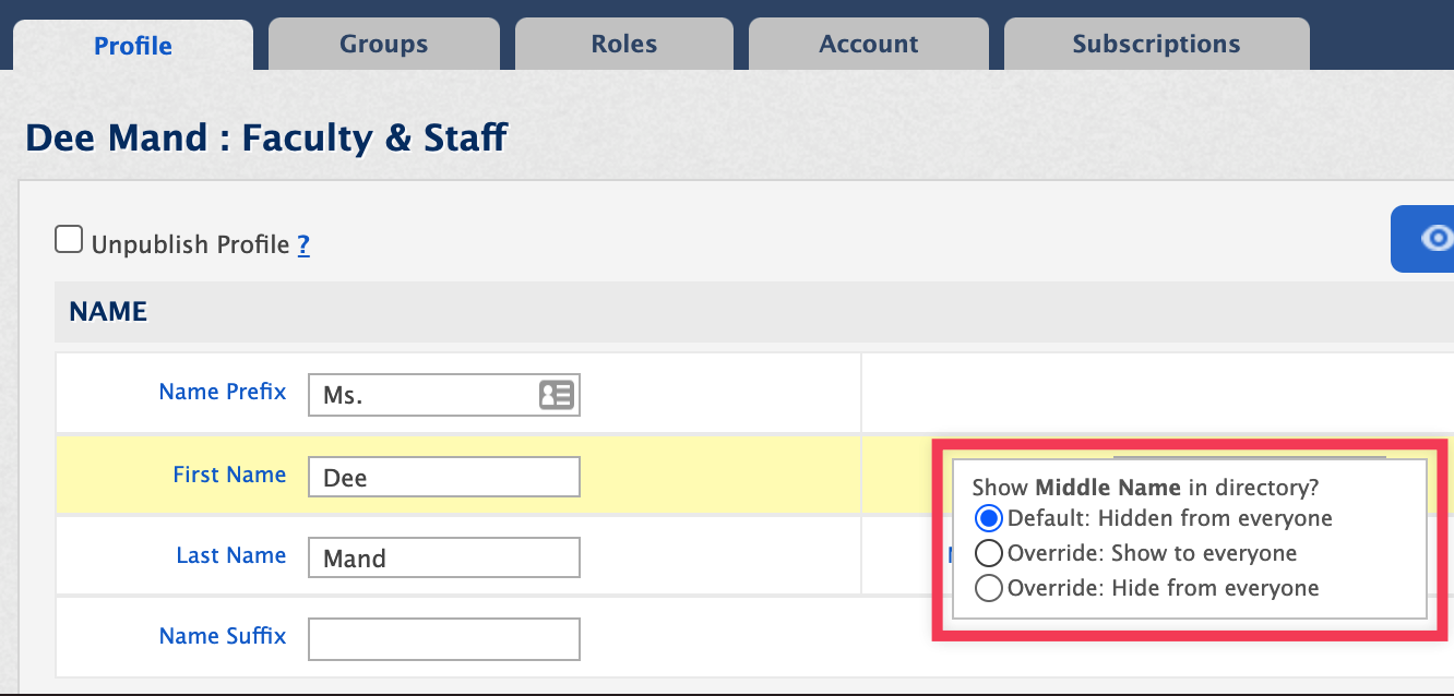 Constituent profile detail with override settings for Middle Name field highlighted