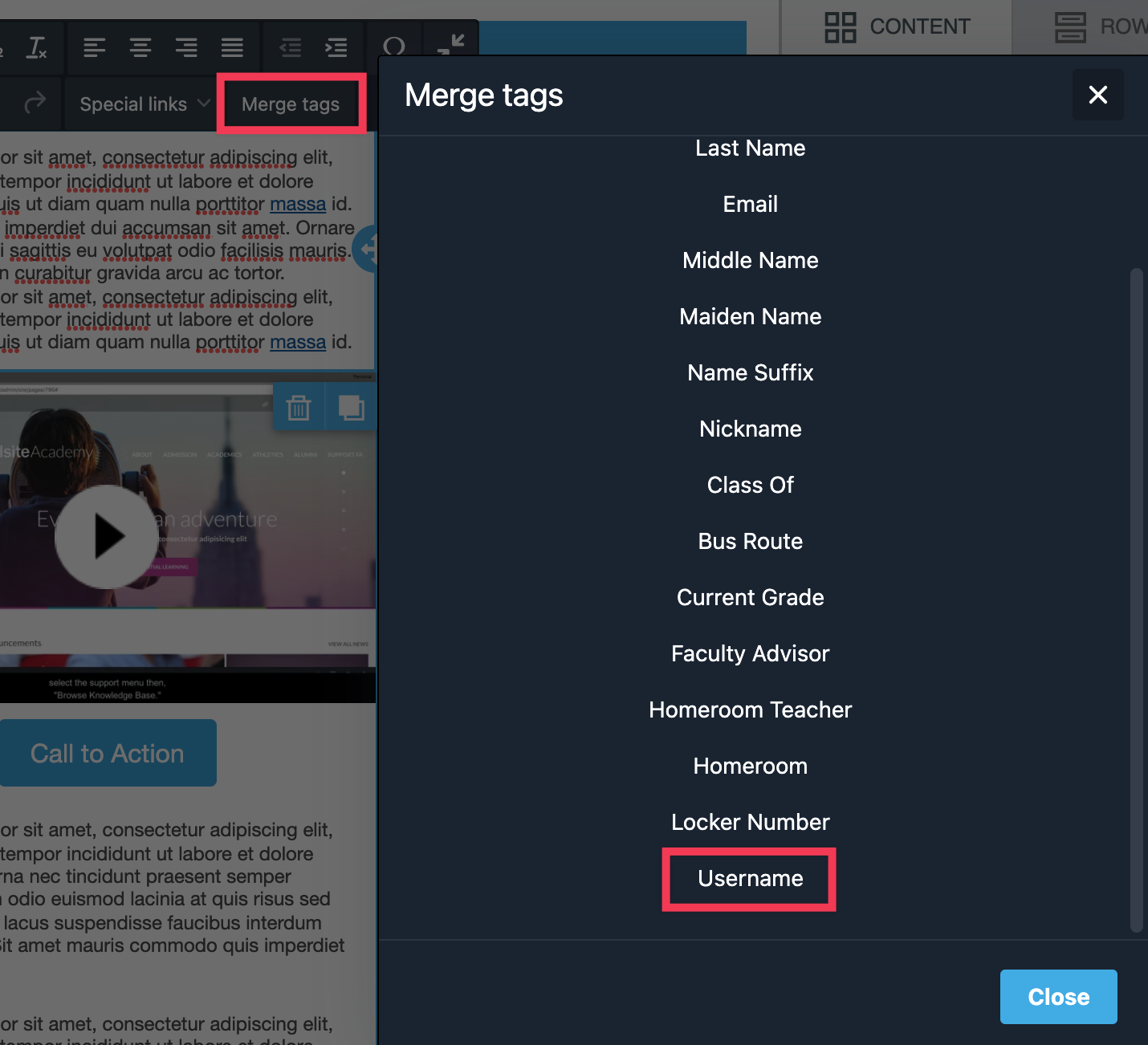 Messages text editor merge tags menu expanded with Username highlighted