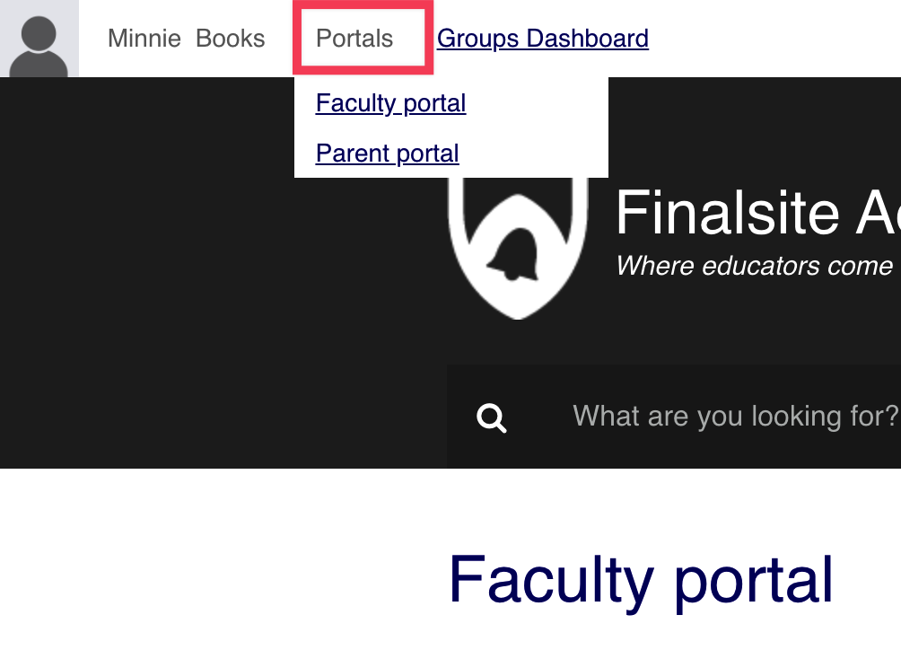 Constituent's portal menu detail with Portals dropdown highlighted and showing Faculty and Parent portals below