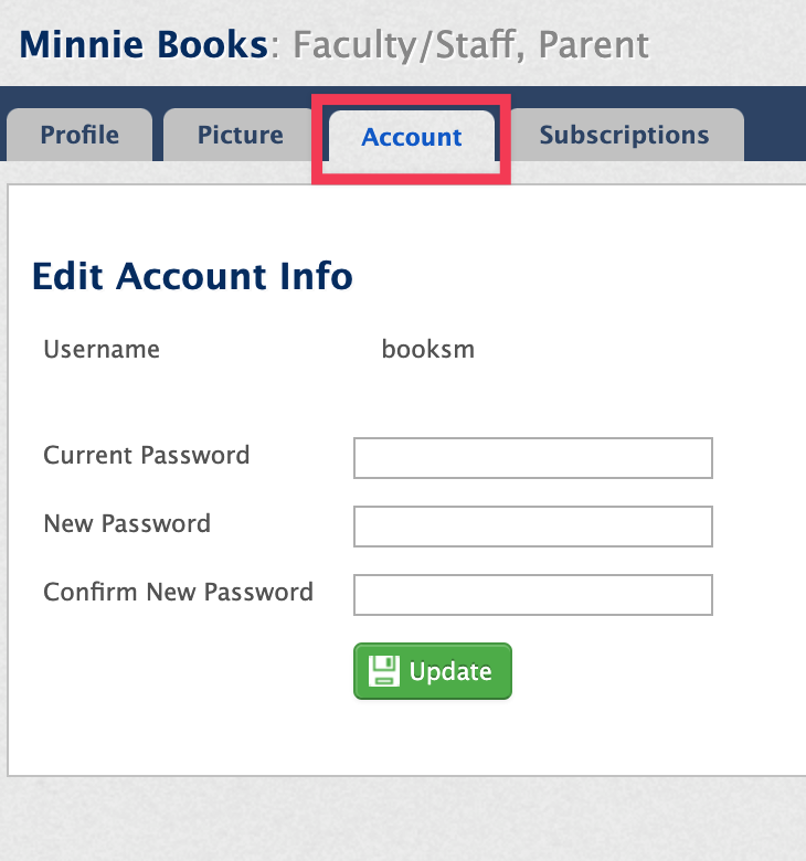 Constituent profile popup detail with Account tab highlighted and change password fields shown