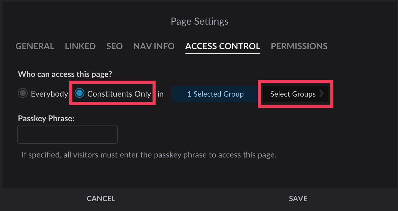Page Settings Access Control tab with Constituents Only radio button and Select Group button highlighted