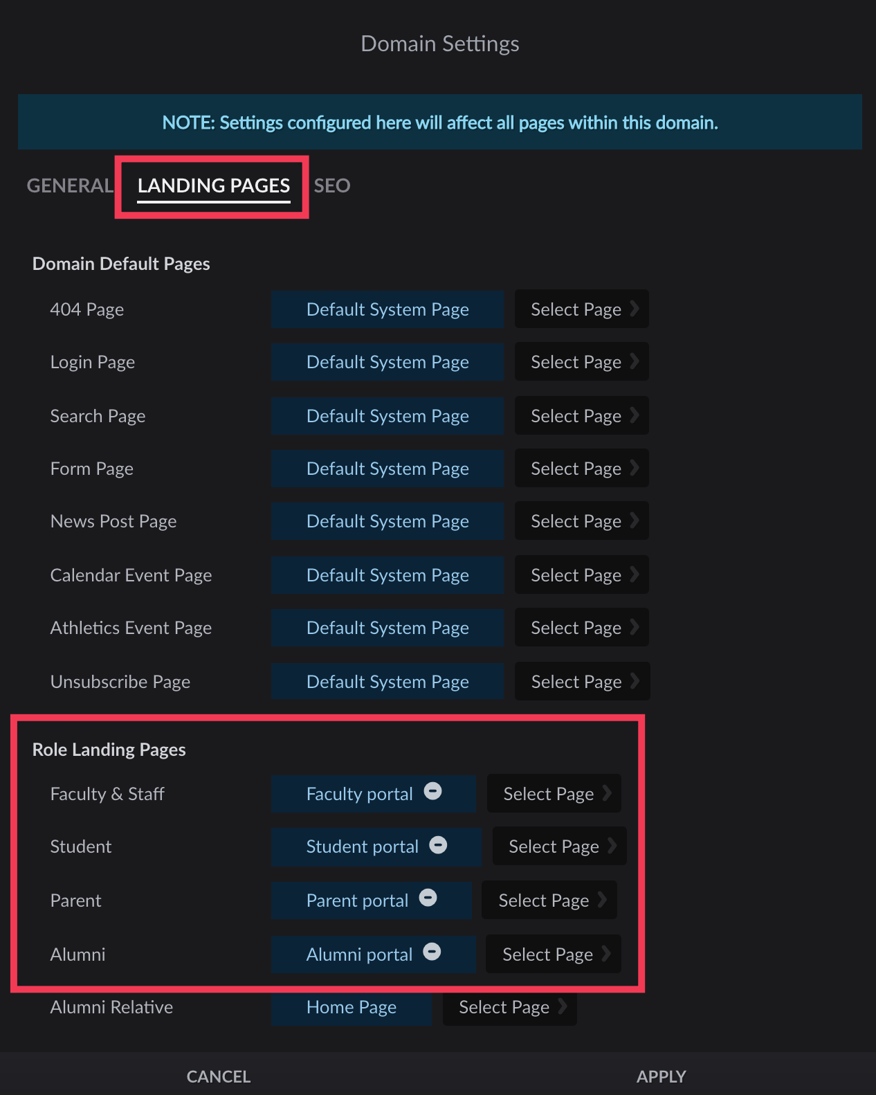 Domain Settings menu Landing Pages tab with Role Landing Pages section highlighted