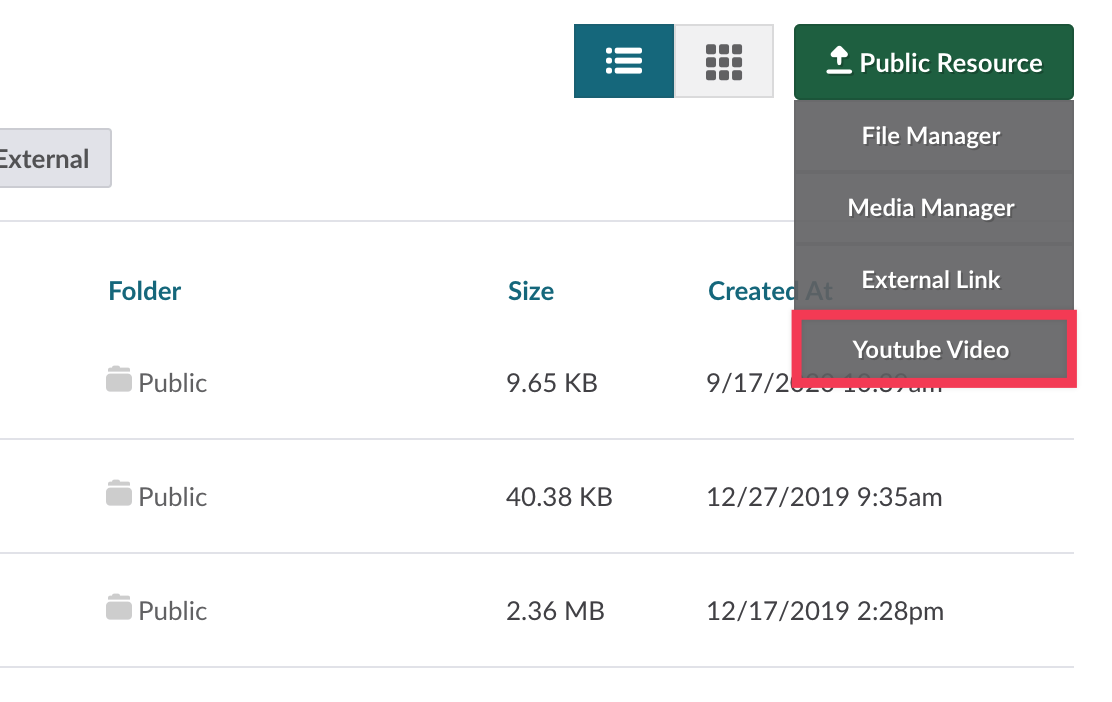 Upload Resource dropdown menu detail with YouTube Video button highlighted