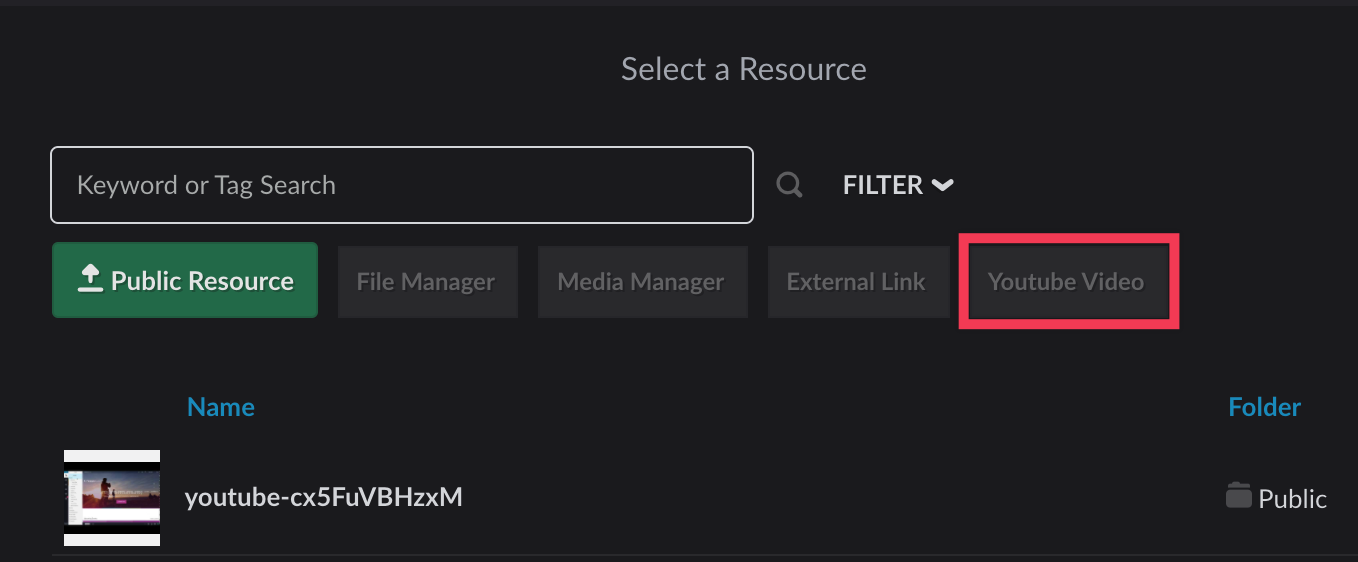 Select a Resource menu with YouTube video button highlighted