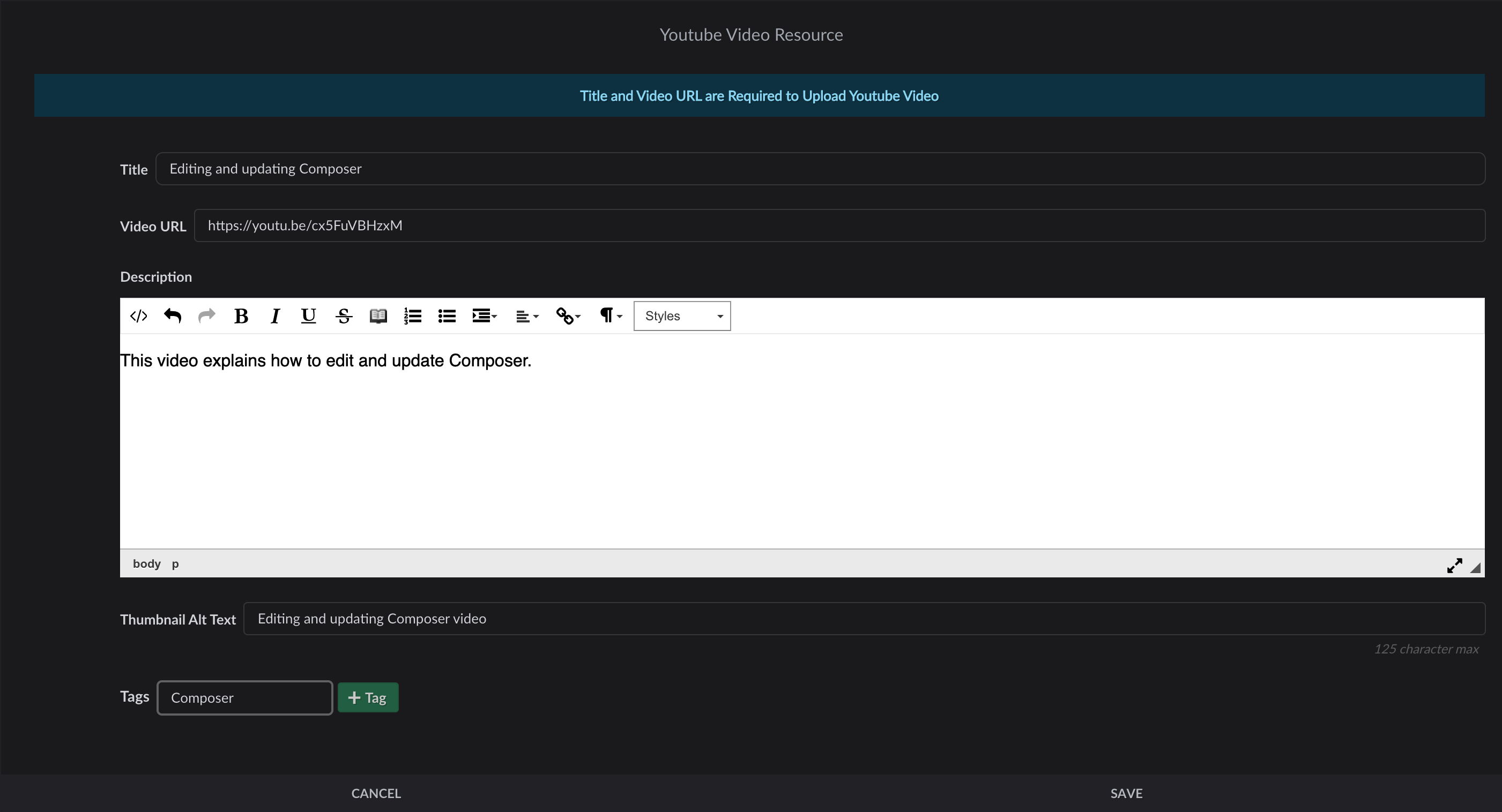 Resource details screen with fields completed for Composer-related video