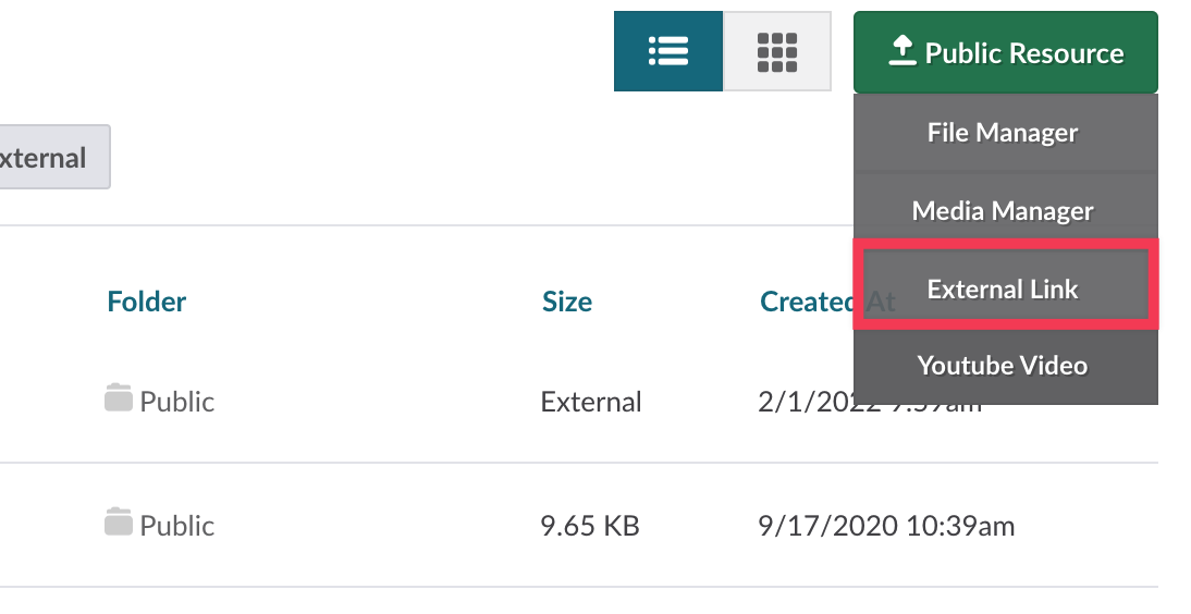 External link dropdown in Resources