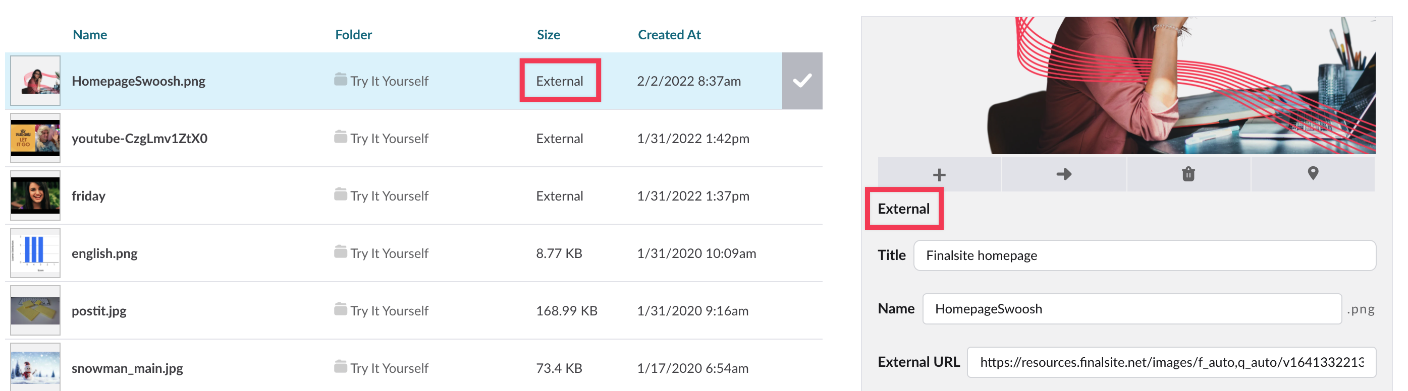 Detail and list view of resources with External label highlighted in table and under image