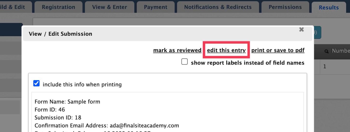 Edit this entry link highlighted in result view