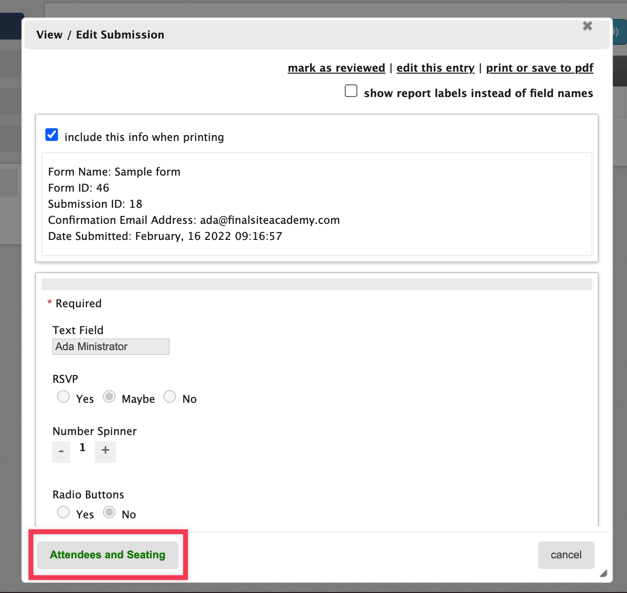 Attendees and Seating button highlighted in result view