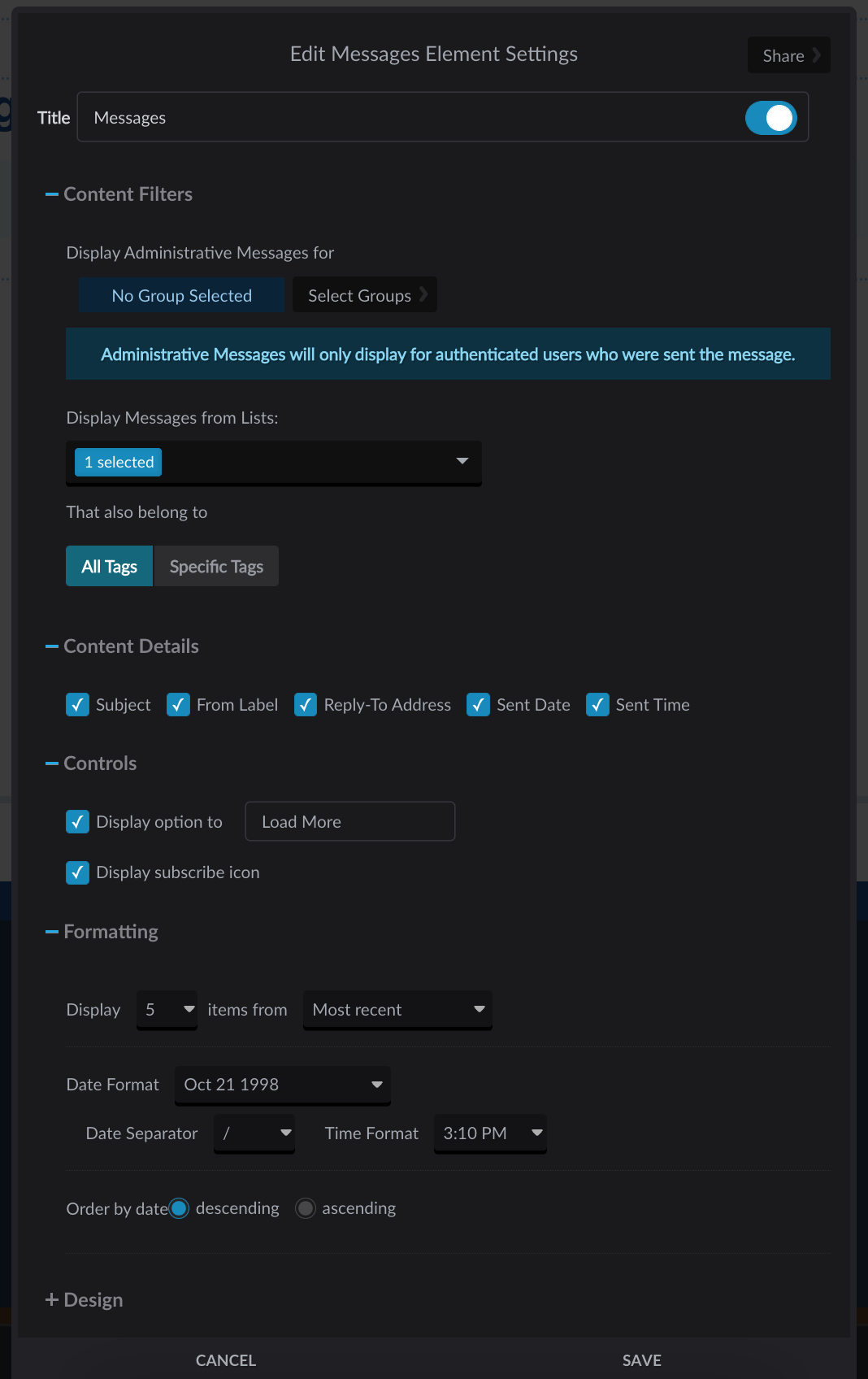 Messages element settings screen with all options expanded