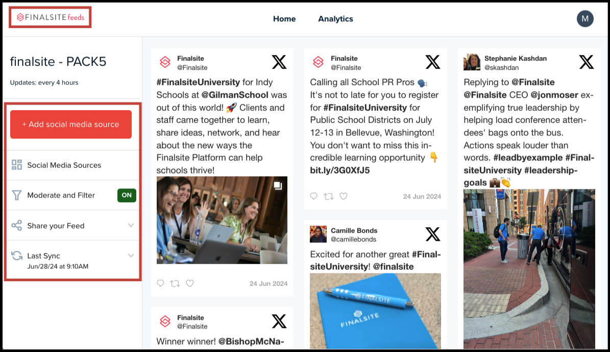 Red + Add social media source button in the Feeds module