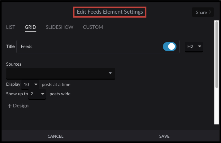 Feeds element settings gear