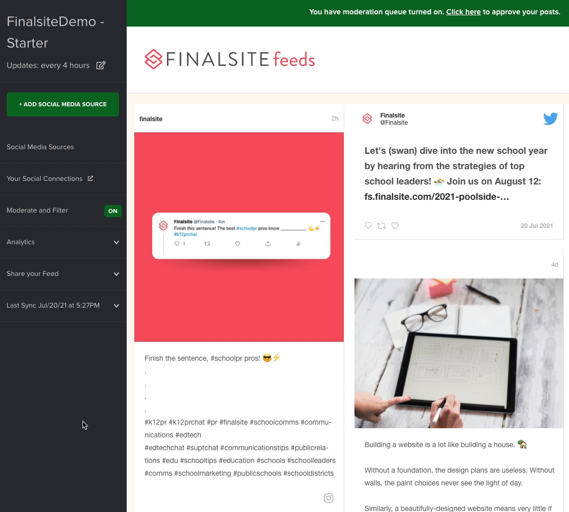 Animated demonstration of deleting a source in the Feeds module
