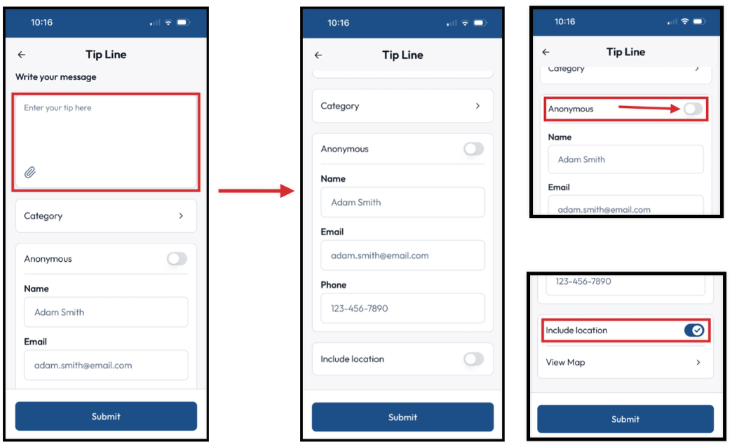 The Tip Line submission form in the Finalsite Mobile App, showing the tip box, category, and anonymity options