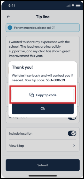 The receipt message and tip code shown after a tip is submitted