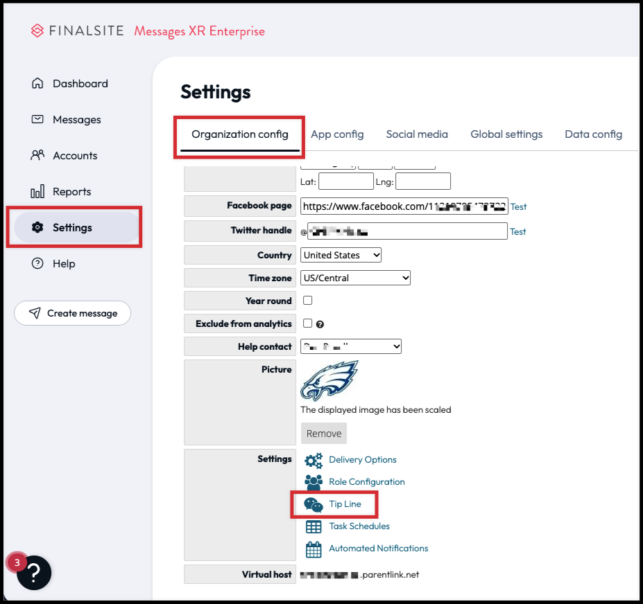 where to find organization config in the settings