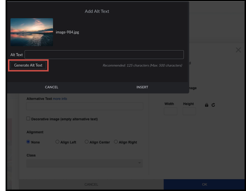 The image settings window in the Content element with the Generate Alt Text button next to the Alternative text field