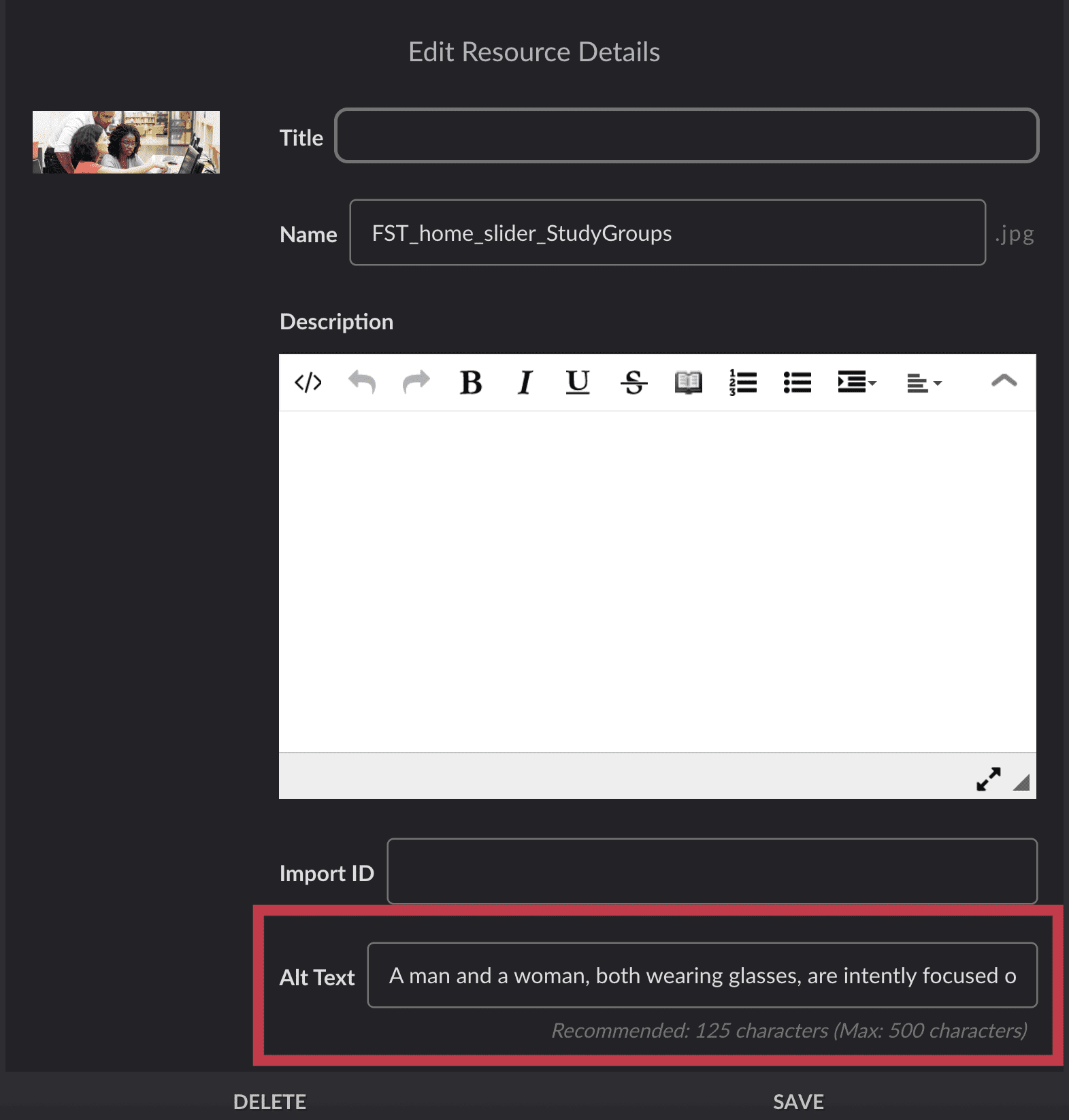 Edit Resource Details window showing AI-generated alt text after uploading a single image