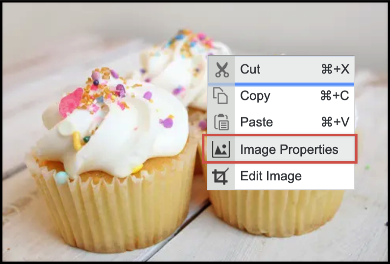 Right-click menu on an image in the Content element with the Image Properties option