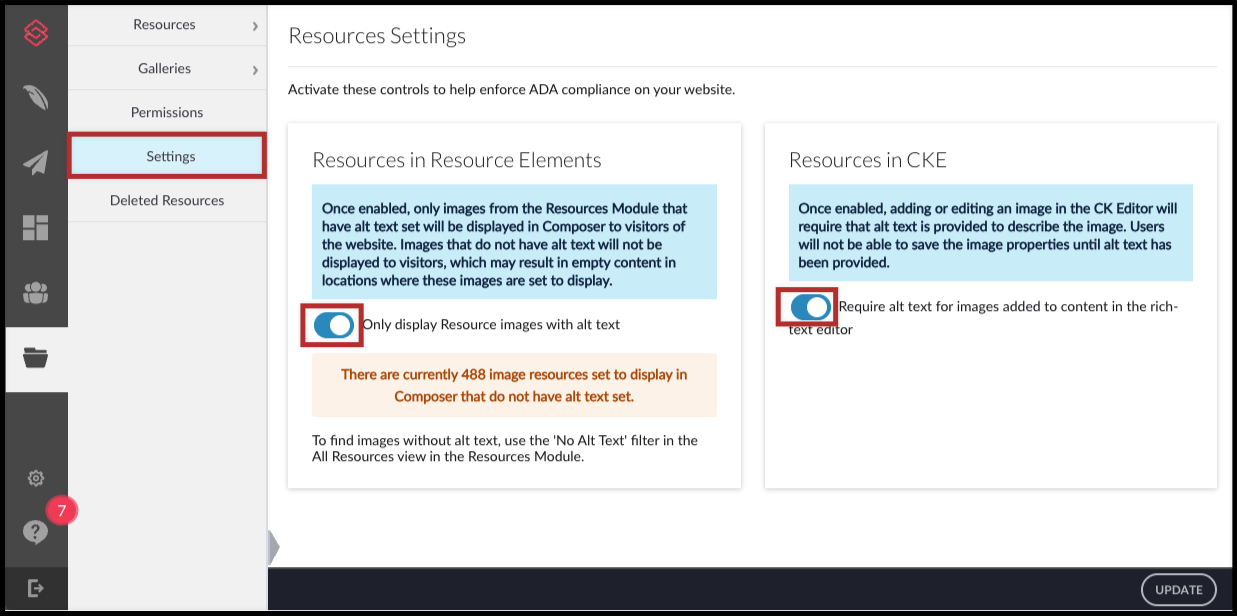 Resources settings with the toggles to require alt text and a warning showing the number of affected images