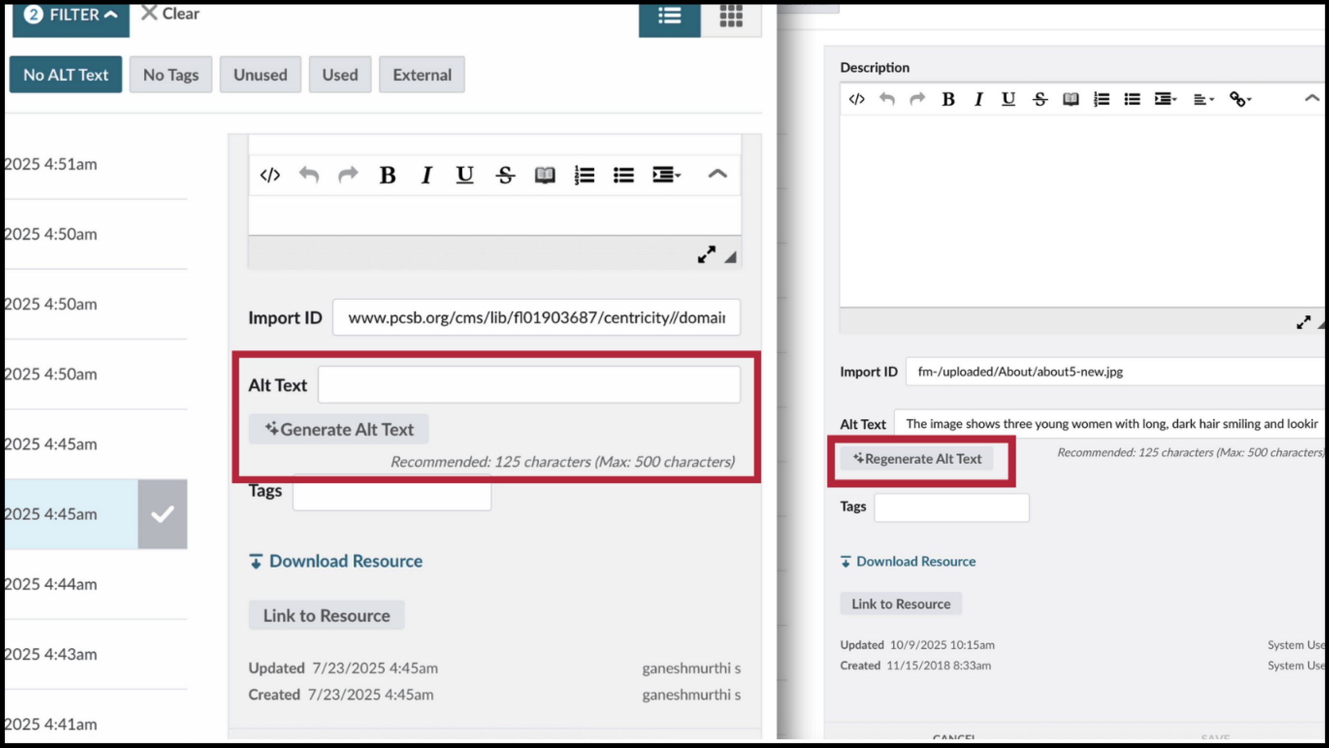 Alt Text field in the Resources quick panel with the Generate Alt Text and Regenerate Alt Text buttons