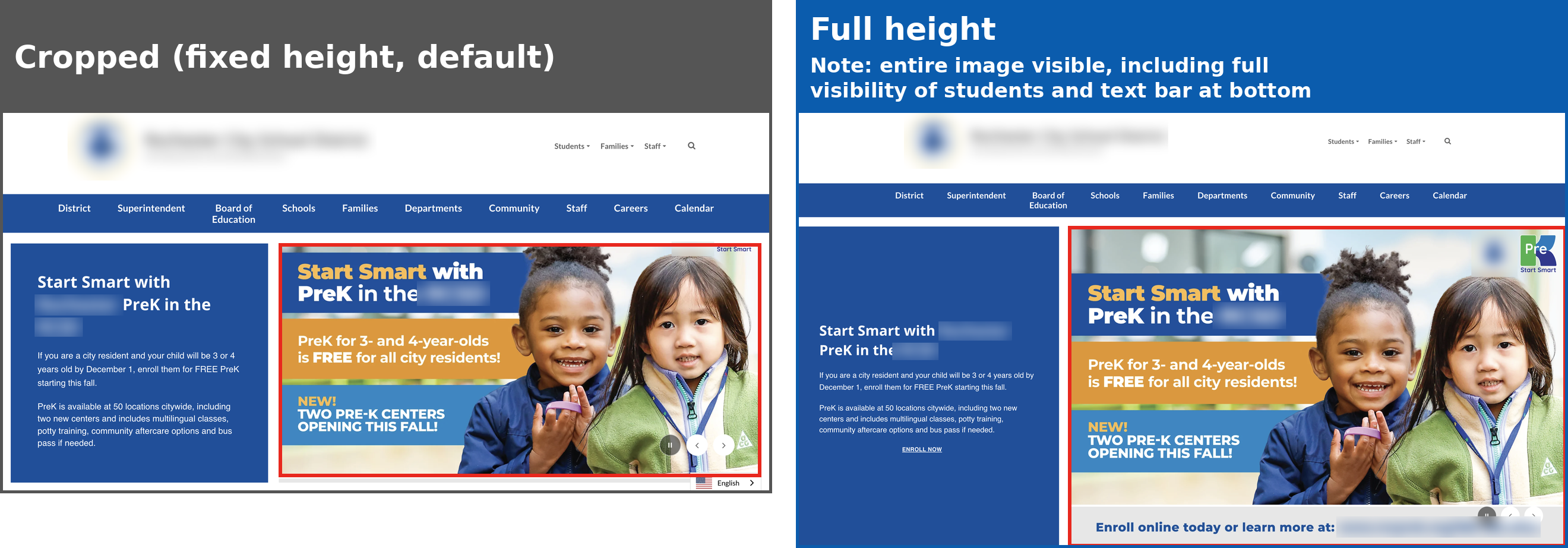 Side-by-side comparison of a cropped hero image and a full height hero image. The full height example shows the entire image, including the students and the text bar at the bottom.