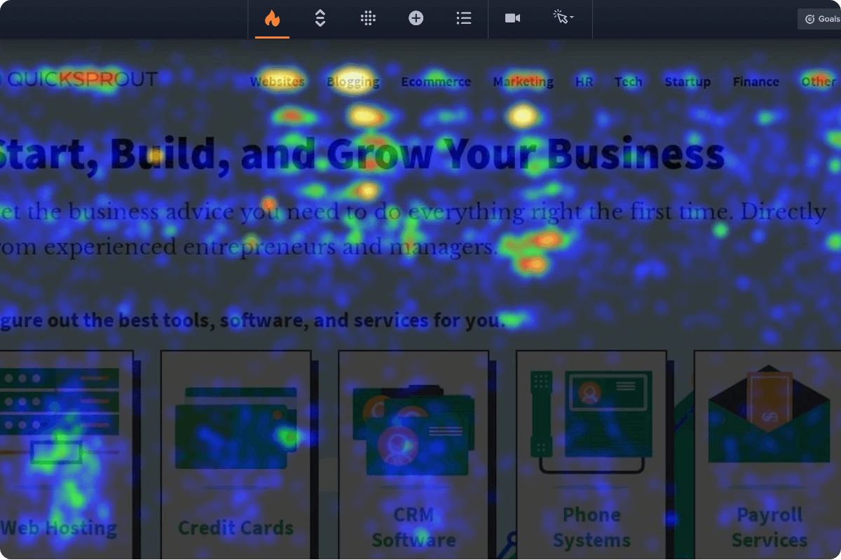 Example CrazyEgg click map on a web page. Warm yellow and red spots over navigation links and headlines show where visitors clicked most.