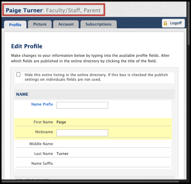 Update Your Profile window showing the Profile, Picture, Account, and Subscriptions tabs