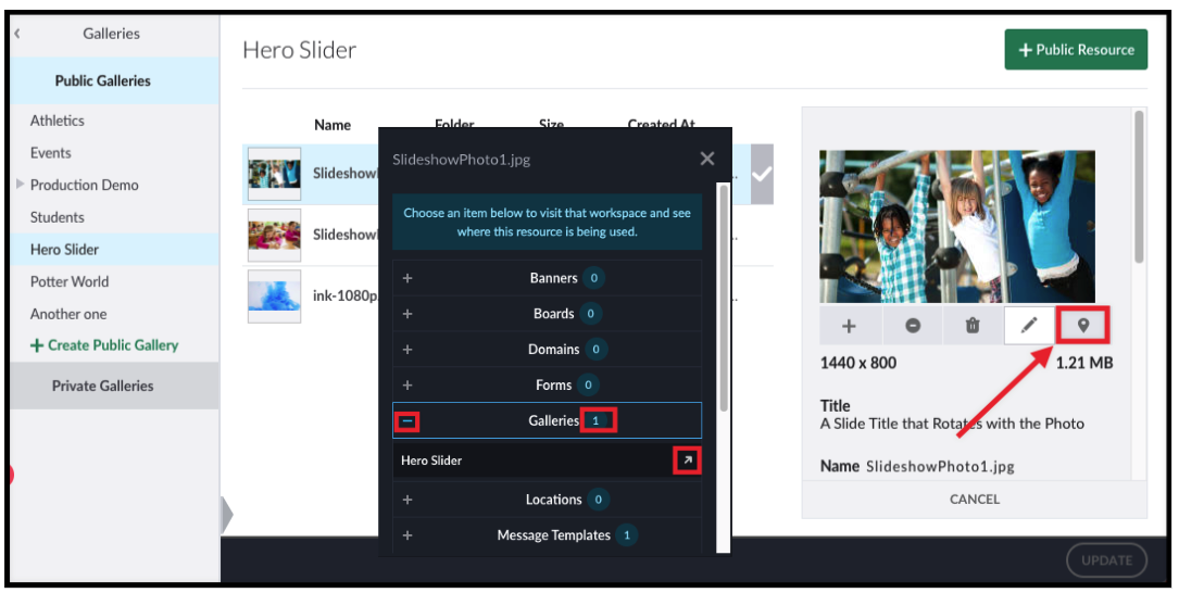 Where used window listing the site pages that use the selected resource.