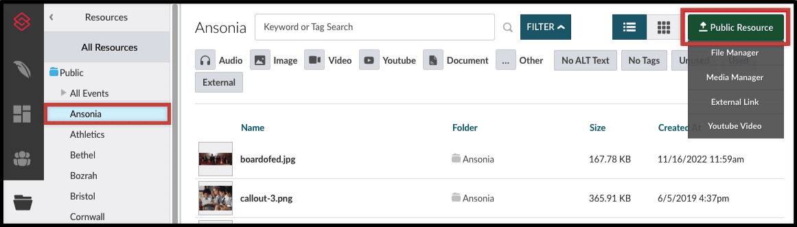 Resources with a folder selected and the green Public Resource button in the top right corner.