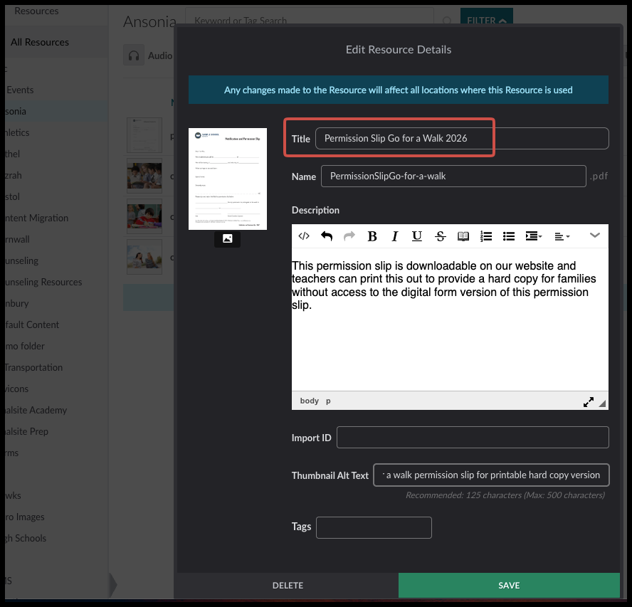 Edit Resource Details window with the Title, Name, Description, Import ID, Thumbnail Alt Text, and Tags fields completed for a field trip permission slip.