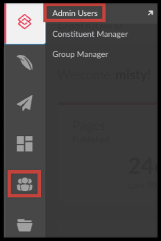 The Admin Users module with admin groups listed in the top right corner