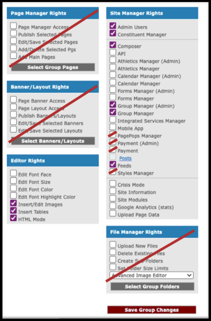 Admin Users checkboxes that grant access to each area of the platform
