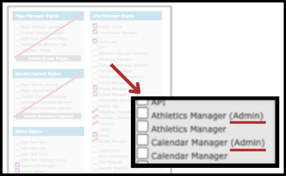 A module with one right followed by (Admin) and one right without it
