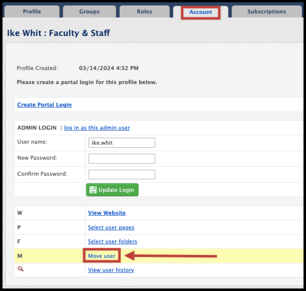 The Move User option on the Account tab for moving an admin to a different admin group