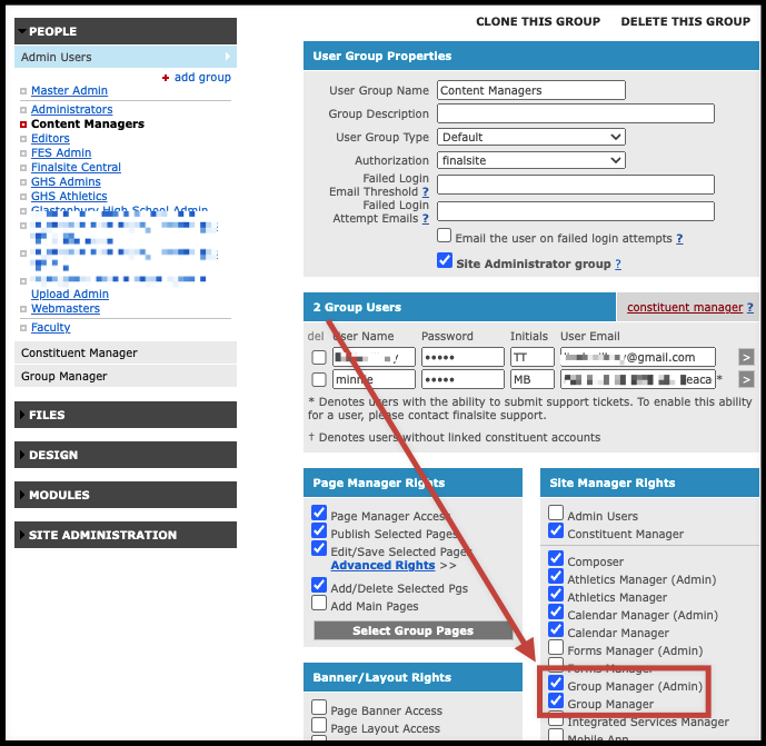 The Group Manager checkbox for an admin group in the Admin Users module